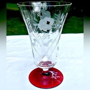 Ruby Red Footed Etched Crystal Iced Tea Glass